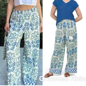 CeCe Linen Blend Wide Leg Border Print Pants Size L
